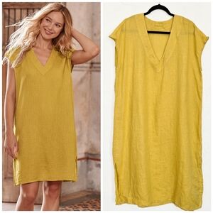 CP SHADES Linen Yellow Marigold V Neck Dress, S